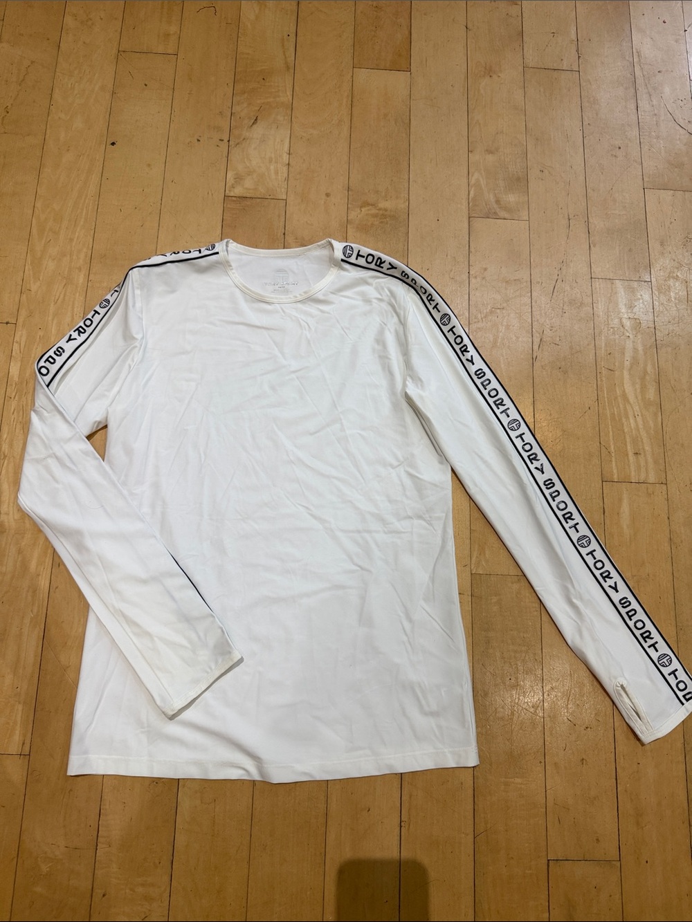 Tory Sport White Long-Sleeve Crewneck with Black Logo Tape NEW WITHOUT TAGS